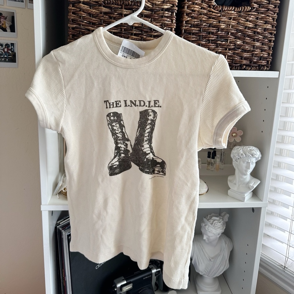 Brandy Melville John Galt Cream Graphic Tee with Boots Print
